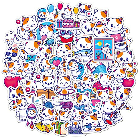 WT Aufkleber-Sets - Wasserfeste Stickers zum Verzieren von Heften Fahrrad Skateboard Auto Laptop - Kawaii Halloween Neon 50/60/100 Stück (Super Kawaii, Cat)