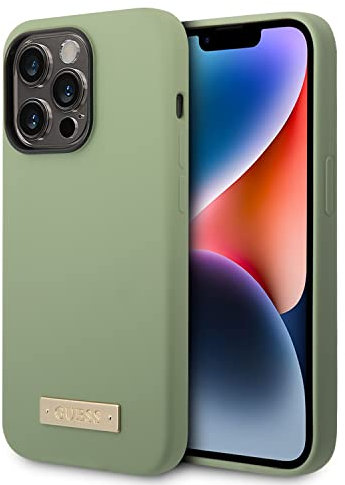 CG MOBILE Guess Kompatibel mit Magsafe Silikon Hülle mit Metallplatte Logo, Kratzfest, stoßfest Kompatibel mit iPhone 14 Pro Max (Kaki)