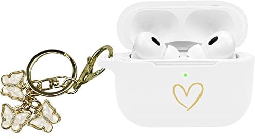 AIIEKZ Kompatibel mit AirPods Pro 2 Hülle Cover 2022, weiche Silikonhülle mit goldenem Herzmuster für AirPods Pro 2./1. Generation Hülle mit süßem Schmetterlings-Schlüsselanhänger (Weiß)