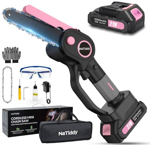 NaTiddy Pink Mini Chainsaw Cordless, 6 Inch Portable Small Chainsaw Battery Powered, Brushless Handheld Electric Chainsaw for Women, Wood Cutting and Tree Trimming