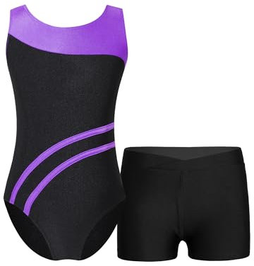 Freebily Mädchen Turnanzug Mit Kurzer Hose Ärmellos Turntrikot Gymnastik Body Shorts Set Kinder Turnen Traininganzug Ballett Tanzkleidung Lila&Schwarz 134-140