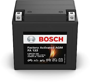 Bosch FA133 - Batterie moto AGM - 12V 110A 8Ah - Adaptée aux motos, mobilettes, enduros, scooters, quads, jet skis - Compatible M4F21, BB7L-B, 12N7-3B