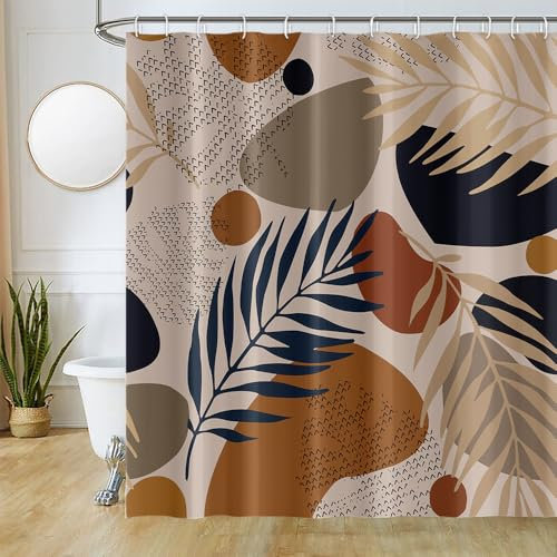 Uiiooazy Rideau Douche 180x180cm, Rideau Douche Anti Moisissure Terracotta Gris Abstrait Feuilles Bleu Rideaux de Baignoire Tissu Lavable Imperméable Polyester Rideaux Salle de Bain avec 12 Crochets
