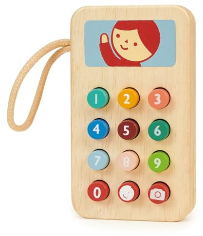 mentari Pretend Handy mit Quetschknöpfen und illustriertem Bild, 11 cm Höhe, Holz, fantasievolles Spielspielzeug