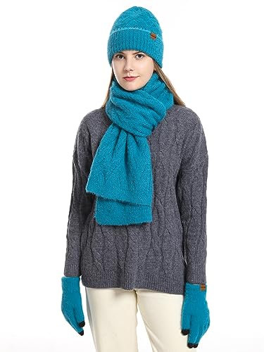 CAMLAKEE Damen Mütze Schal Handschuhe Set Frauen Winter Beanie Wintermütze DamenSchal Handschuh für Teenager Mädchen Blau