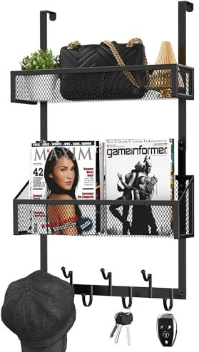Anfeichen Over The Door Hooks Organizer, Waterproof Hanger Towel Rack with 7 Hooks and 2 Mesh Baskets, Over Door Organizer for Barthroom Kitchen (Black)