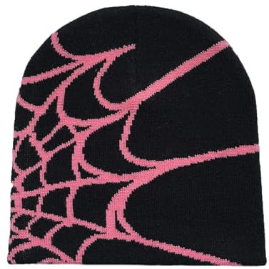 RYMAUP® Spinnennetz Beanie - Y2k Baggy Slouchy Mütze, Leichte Jersey Skull Cap für Herbst Frühling, Schwarz Rosa
