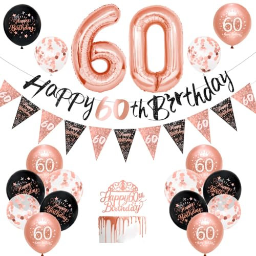 Women 60th Birthday Decorations Black Rose Gold 60th Black Rose Gold Birthday Decorations 16 Pack by Wonsta