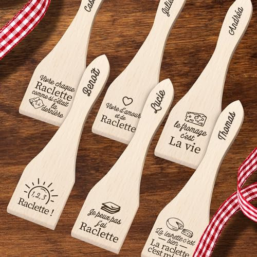 Lot de 6 spatules de raclette avec citation drôle et prénom pérsonnalisé, idée cadeau, hiver