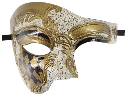 Coolwife Masquerade Mask Vintage Phantom Of The Opera One Eyed Half Face Costume (Checkered Gold)