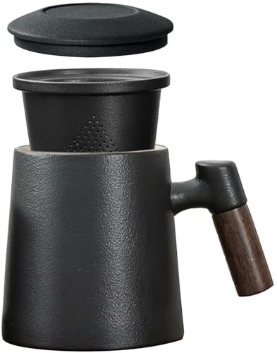Tea Infuser Mug with Lid and Tea Strainer, 400ml Gradient Large Tea Cup With Infuser Black, Matte Ceramic Steeping Teacup with Wooden Handle for Office and Home Use,Gifts,Hot Iced Water Juice Beverage