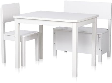 KHG Kinder-Möbel Set mit Tisch, Bank & Stuhl weiß Landhaus für Kinderzimmer, Pflegeleichte Oberfläche, robust, kindgerechte Höhe 66 x 51 x 50 cm
