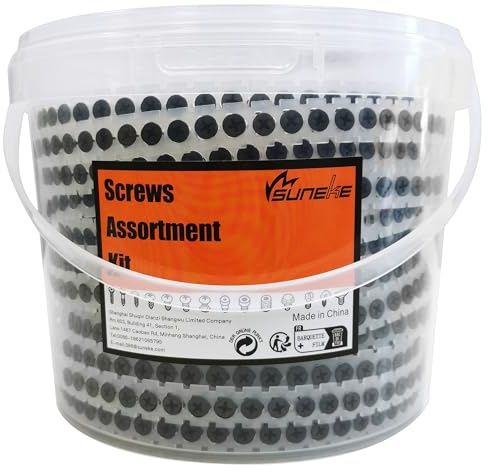 Suneke 1000PCS M3.5 X 25mm High Hardness Drywall Collated Screws, Black Phosphate, Coarse Thread, Phillips Drive, Bugle Head, Wood Screws with Organizer Box