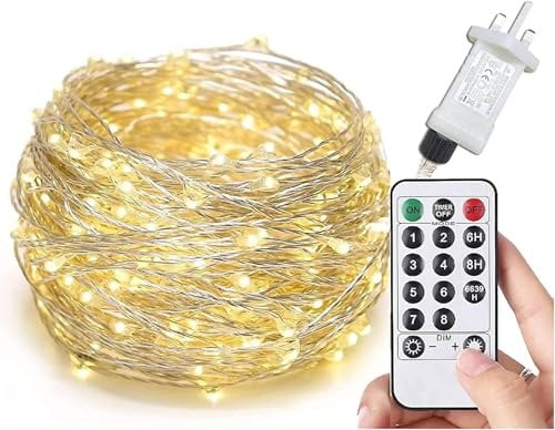 Gresonic Fairy Lights Plug in 100LED 10m/33ft Warm White 8 Modes Mains Powered Timer with Remote Micro Copper Wire String Light Waterproof Indoor Outdoor Twinkle Decorations for Garden,Bedroom,Wedding
