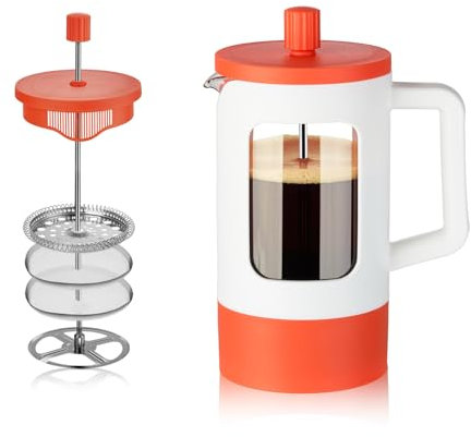 YOLIFE French Press Coffee Maker (12 oz), Camping Mini Coffee Press, Single Cup French Press, Heat-resistant Borosilicate Glass, Portable for Travel, White and Orange