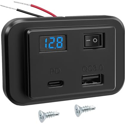 Hoembpn Toma de Cargador de Coche Dual USB C con Interruptor y Voltímetro LED 40W PD2.0+QC3.0,DC12V-26V Panel de Enchufe Conector Mechero USB Carga Adaptador para Barco Autocaravana Moto camper Camion