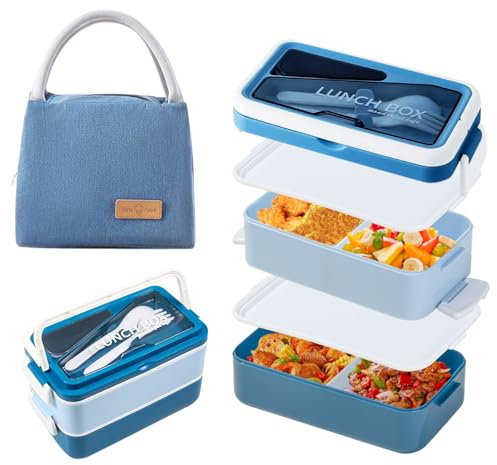 Resszo Lunch Box Kit, Bento Box 2 compartimentos porta almuerzo, 1600 ml, fiambrera con compartimentos, ideal para trabajo, escuela y viaje (azul)