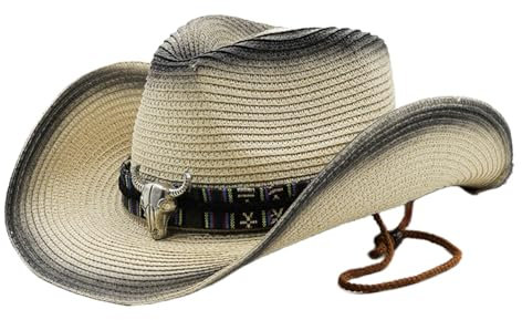 Sombrero de Cowboy de Paja Mujer Hombre Sombrero de Vaquero Panamá con Banda Occidental Western Cowboy/Cowgirl Hat Sombrero de Playa de Verano Gorro de Sol (FR/ES, Letras, Talla única, Negro 1)