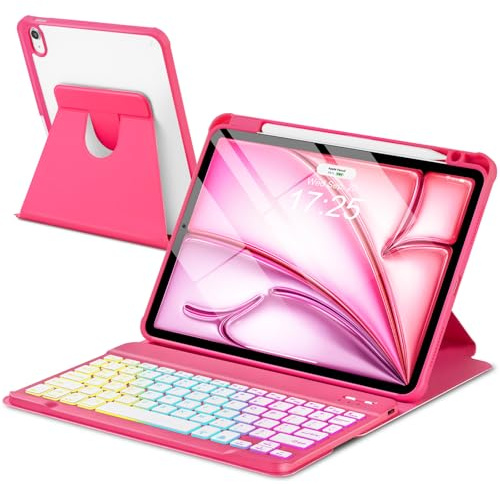 EAMPANG Étui avec clavier pour iPad Air 11 M4 M3 M2/Air 10.9 5e 4e génération, clavier amovible rétroéclairé arc-en-ciel, coque magnétique rotative pour iPad Air 4 5 6 7 génération Rouge pastèque