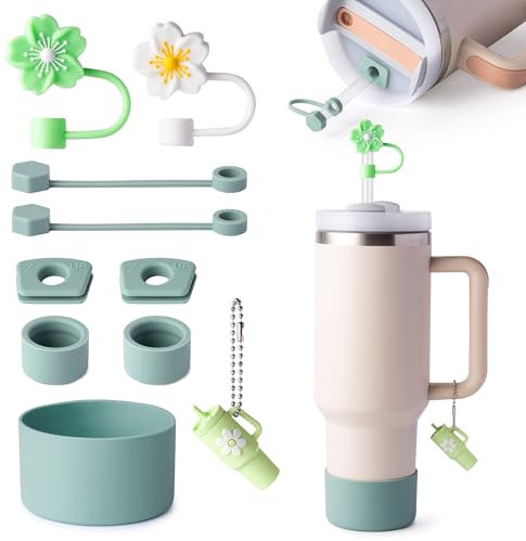linmaya Stanley Cup Zubehör Set, enthält 6 Silikon Spill Proof Stopper, 2 10mm Strohhalm Abdeckung, 1 Griff Charme,1 Bodenschutz Fits für Stanley Cup kompatibel mit Hydro Flask (Matcha Green)