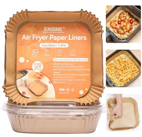 ENSINE Backpapier für Heißluftfritteuse, 20 cm Quadratisch Heißluftfritteuse Zubehör für Ninja AF140 EU, AF180 EU, Philips HD9285/90, HD9270/90, Tefal EY245840 (120 Stück)