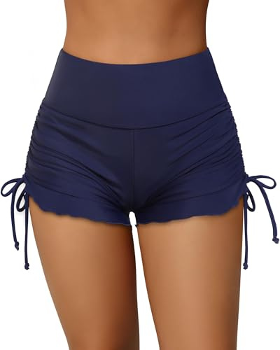 CharmLeaks Women Scalloped Trim Swim Shorts Drawstring Swim Bottom High Waist Board Shorts Navy M
