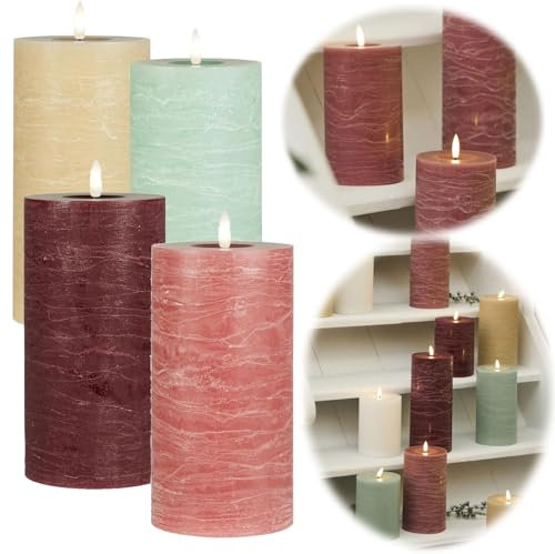 LS-LebenStil 3D LED Stumpenkerze Nyhavn Rosa 20x10cm Echtwachs flackernde flammenlose Kerzen Akku Batterie optional mit Fernbedienung Timer Blockkerze Adventskranz Deko Hochzeit