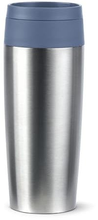 Emsa Travel Mug Eco Isolierbecher, 0,36 l, Comfort-Schraubverschluss, Quick-Press, Öko-Design, 100% dicht, hält Getränke 4h warm und 8h kühl, 360°-Rundum-Trinköffnung, Edelstahl/Blau, N2024100