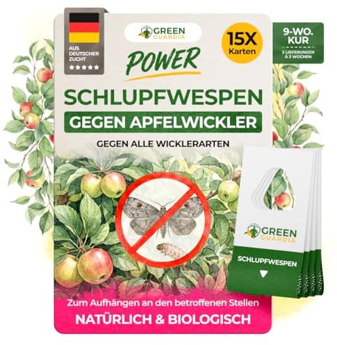 GREEN GUARDIA Schlupfwespen gegen Apfelwickler - 15 Karten à 3 Lieferungen - Effektive Bio-Bekämpfung gegen Apfelwickler, Alternative zu Apfelwicklerfalle, Spritzmitteln, Nematoden & Pheromonfallen