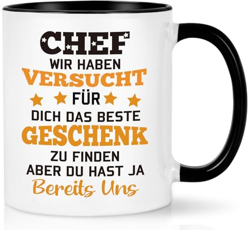 Joymaking Tasse mit Spruch - Chef wir haben versucht für dich das beste Geschenk zu finden - bester Chef Geschenk Kaffe Tasse für Chef Geburtstag, Abschiedgeschenk, 320ml Schwarz