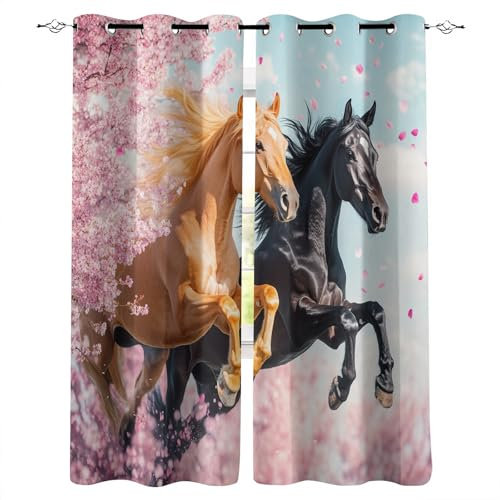 Generisch Vorhänge Mit Ösen Blickdichte Tier Verdunklungsvorhänge 2Er Set Rot Braun Tier Pferd 3D Gedruckt Shading Vorhänge Kinderzimmer Schlafzimmer Home Fenstervorhang H260 x B140cm
