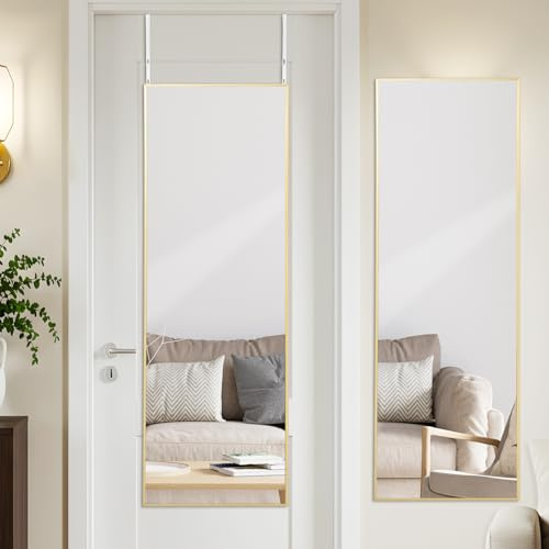 LunaMirror 122x35 CM Over The Door Mirror with Hanger Gold Aluminum Alloy Frame Full Length Hanging Door Mirror Wall Mounted for Bedroom Bathroom Dorm