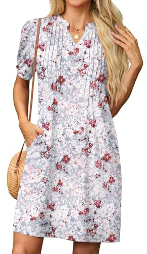 GRECERELLE Womens Dresses Summer Casual Short Sleeve V Neck Shift Dress for Women Ladies T Shirt Dress with Pockets (Gray Azalea, S)