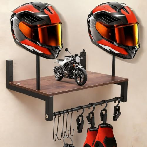 Strixorn Motorrad Garderobe, Helm Motorrad Kleidung Halterung Wand mit 5 Haken, Holz Helmhalter Wandhalterung für Garage,Motorradbekleidung, Motorradhelm & Zubehör(Walnussholz)