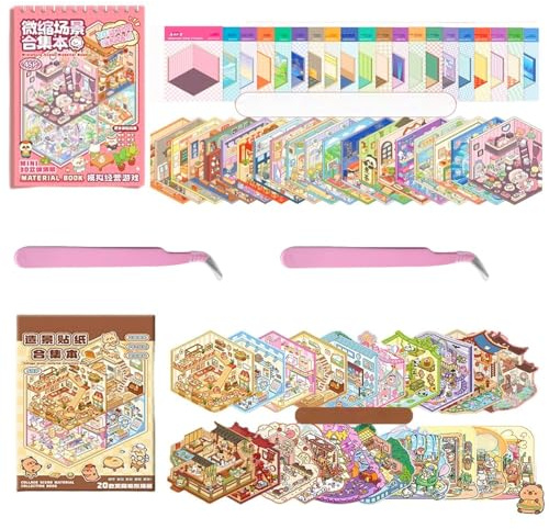 Luzhans 40 Sätze DIY 3D Aufkleber Szenen Bücher für Erwachsene Kinder Mädchen,3D Sticker Scene, Sticker Therapy for Adults,Miniatur Haus 3D House Aufkleber Machen Sie Ihren Eigenen,Relief Stress