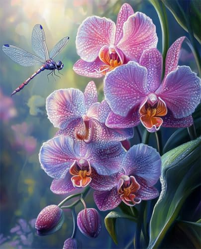 RKFLGEW DIY Perlenstickerei Komplett Set Fantasie Lila Orchidee Perlenkreuzstich-Stickmuster，Diy-Wandbehang，3D-Perlen-Set Für Handarbeiten 40x50cm