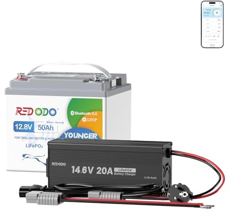 Redodo Bluetooth 12V 50Ah LiFePO4 Lithiumbatterie mit 14,6V 20A Ladegerät für Trolling-Motoren, Niedertemperaturschutz, 10-jährige Lebensdauer, leicht & tragbar. Perfekt für Wohnmobile, Solar, Marine