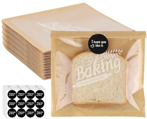 100 Pcs Kraft Paper Sandwich Bags with Stickers, Reusable Food Lunch Bags, Heat Sealable Bakery Bags with Front Clear Cellophane Window to Display Sweets Cookies Pastry Snacks,Baking Packaging,18x19cm