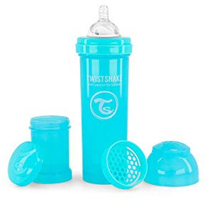 Twistshake Anti-Kolik Babyflasche mit Milchpulverbehälter und Mixer - 330 ml | Brustähnliche Brustwarze aus Silikon mit schnellem Durchfluss | BPA-freie | Geeignet für Babys ab 4 Monaten | Blau