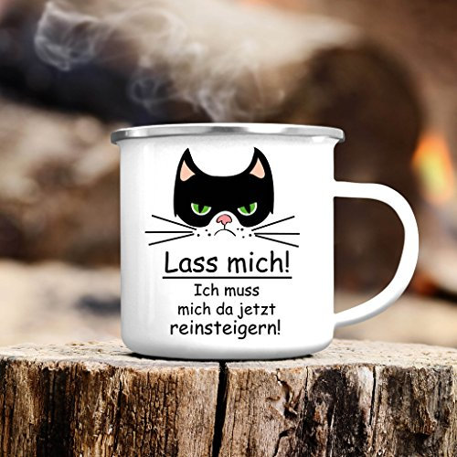 Wandtattoo-Loft Emaille Becher Lass mich! Ich muss mich da jetzt reinsteigern! mit grimmiger Katze/silberner Tassenrand