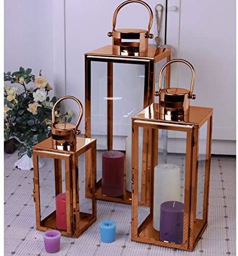 Mojawo® XXL Luxus 3er Set Gartenlaternen Set aus Edelstahl Windlicht Laterne Glas Rosegold 30/40 / 53 cm Kupferfarben