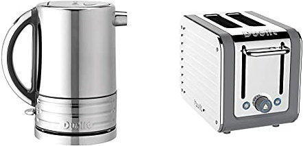 Dualit 72926 Architect Kettle | 1.5 Litre 2.3 KW Stainless Steel Kettle With Grey Trim & Architect 2 Slice Toaster Stainless Steel with Grey Trim Extra-Wide Slots, Peek and Pop Function