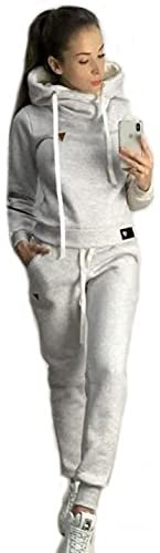 Yutdeng Tuta da Ginnastica Donna Felpe con Cappuccio e Pantaloni 2 Pezzi Invernale Caldo Pullover Tops Lunghi Pigiama Set Casual Jogging Tuta per Tempo Libero Termico Completi Sportivi Grigio XXL