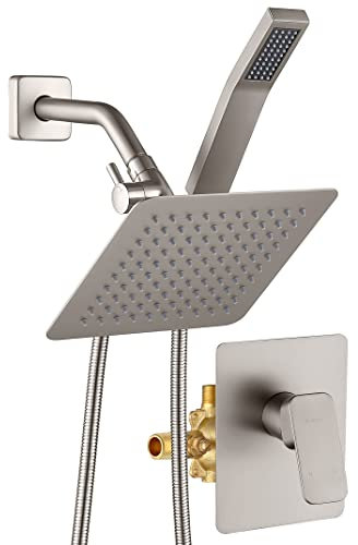 Ganzmetall Duscharmatur-Set, duales quadratisches Duschkopfsystem mit Handstab und Regenduschkopf, Umsteller, Schlauch kompletter Kombi, Druckausgleichs-Rough-in-Ventil enthalten (gebürstetes Nickel)