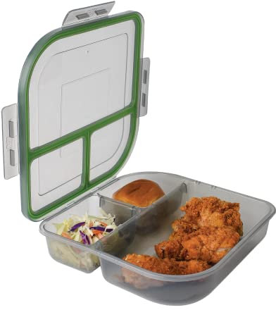 MyGo Container Contenedor de comida grande para llevar de 3 compartimentos, 9-3/8 x 9-3/8 x 2-1/2, reutilizable, apto para microondas, certificado NSF, humo/verde