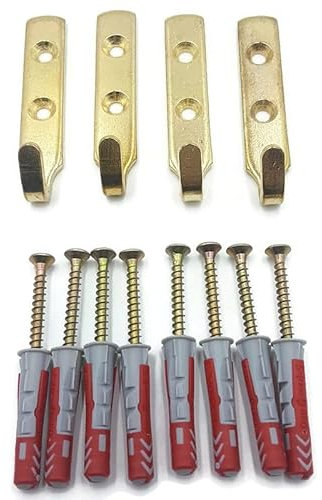 4 ganchos de pared en J de latón resistente para cuadros grandes o espejos, yeso o paredes sólidas, incluye tornillos y tacos de pared, colgar hasta 35 kg
