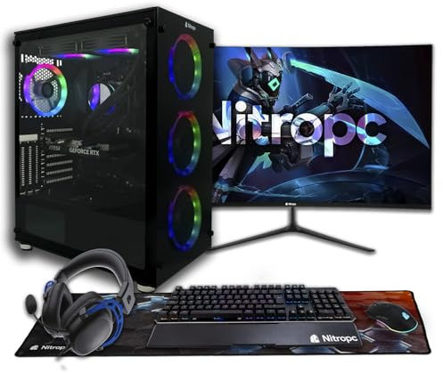 NitroPC - Pack Nitro Plus | PC Gaming Completo (Intel i9 12900K 16/24 5.2GHz, RTX 5070 12GB, RAM 32GB, M2 2TB, Windows 11, RGB | WiFi, Monitor Curvo 27, Teclado, ratón, Cascos) PC sobremesa (Negro)