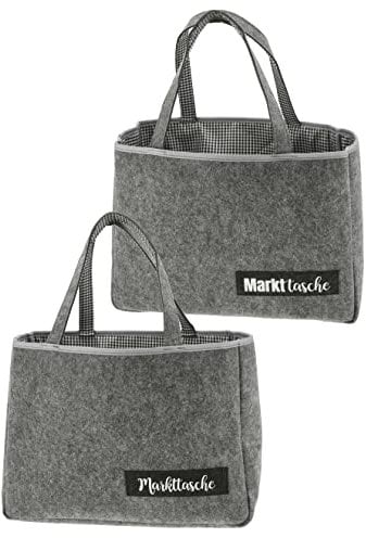Bada Bing XL hochwertige Filztasche Spruch „Markttasche“ mit Henkel Reißverschluss Einkaufstasche kariert Filz Korb Tasche grau groß ca. 45 x 33 x 14 cm zur Aufbewahrung Shopper 13