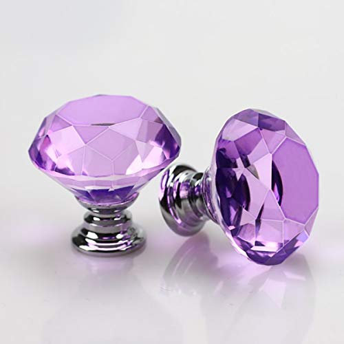 30mm Crystal Glass Door Knobs Diamond Cut Drawer Pull Handles with M4*22mm Screws for Cupboard Cabinet Wardrobe Home Decorating Silver Base Purple