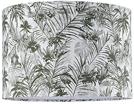 Stylish and Contemporary Forest Green Palm Tree Decorated 12 Linen Fabric Drum Lamp Shade| for Pendant Table or Floor | Inner White Cotton Fabric Lining by Happy Homewares